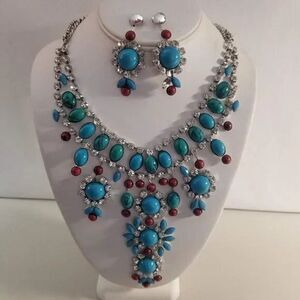 Turquoise Rhinestone Flower Southwestern Tribal Bib Drop Statement Necklace Set